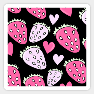 Cute Light and Dark Pink Doodle Strawberries and Hearts Pattern on Black Backdrop, made by EndlessEmporium Magnet